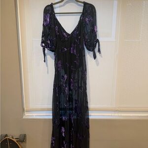 Free People Black Maxi Dress with Purple Floral Accents and Bodysuit